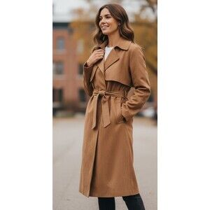 DESIGNER H&M TAN FAUX SUEDE BELTED MIDI LENGTH 48" TRENCH COAT SIZE XLARGE